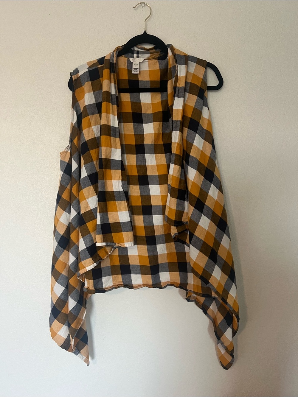 Open-Front Plaid Vest in Mustard, Black & White